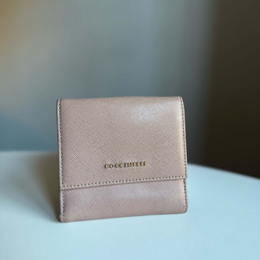 Coccinelle Leather Wallet Beige Compact Saffiano Gold Logo Women's